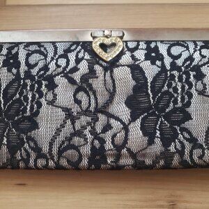 Amici Accessories Black Lace Clutch with Rhinestone Heart Clasp